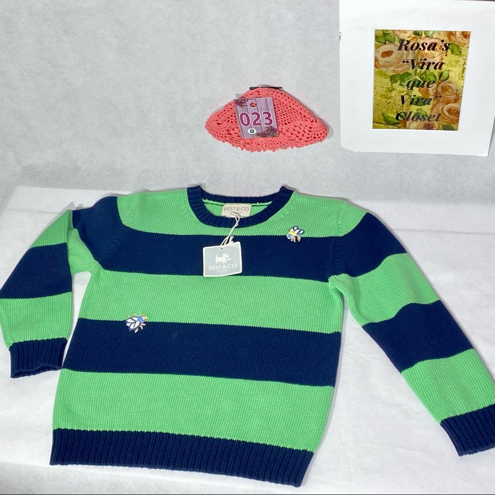 Best & Co. NWT Stripe Fly Crew Sweater Kids 6 Navy and Green - Picture 3 of 9